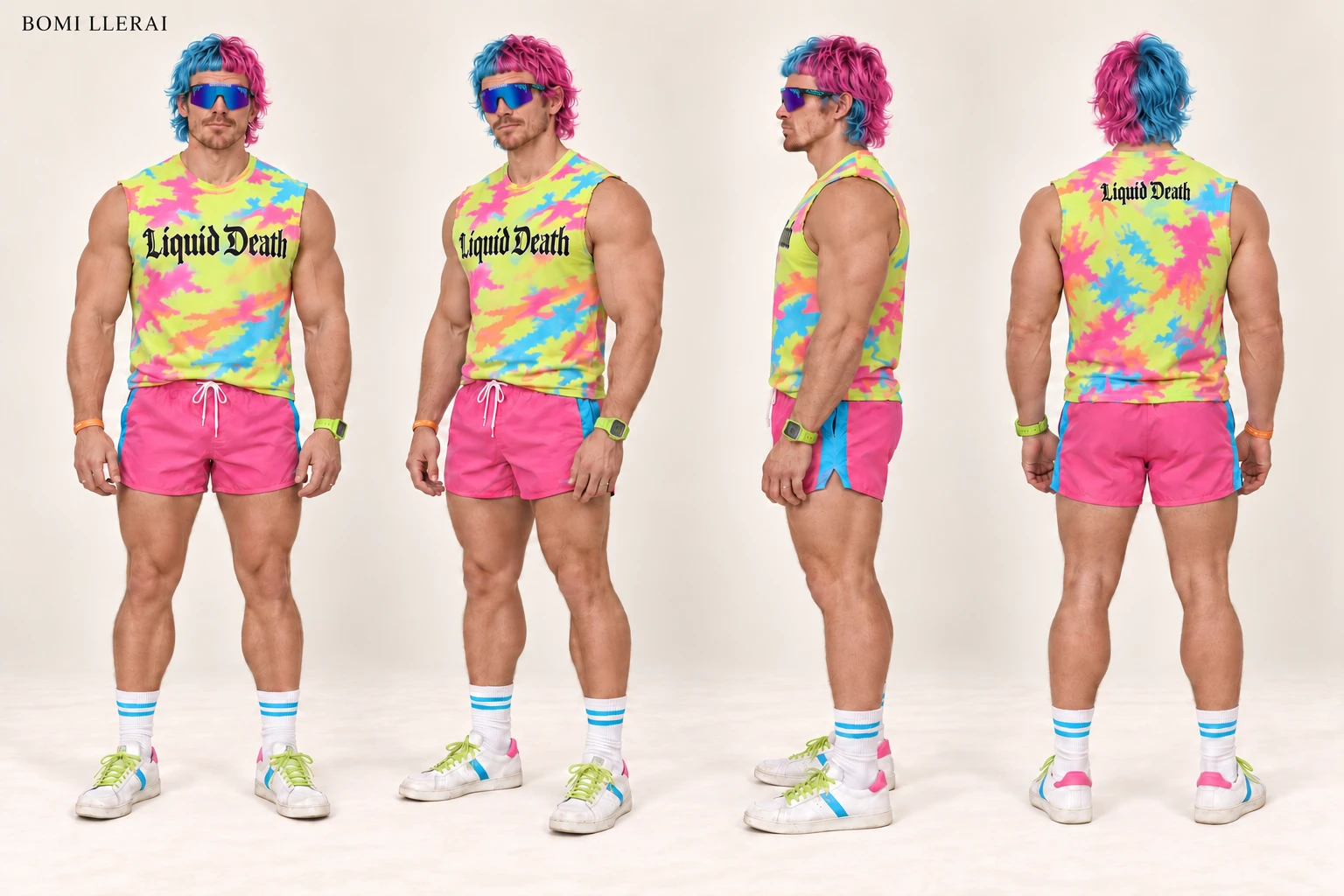 Bomi’s reference card showing the same character from four angles, with blue-pink hair and mirrored shades.